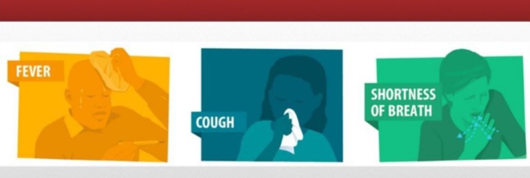 COVID-19 graphic, showing Fever, cough, and shortness of breath as symptoms of this virus.